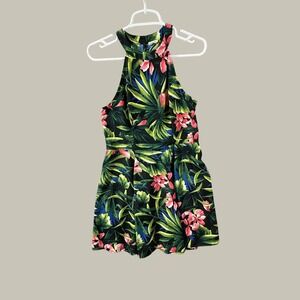 Hollister Tropical Floral Halter Dress Black Green Pink Size M High Neck Summer